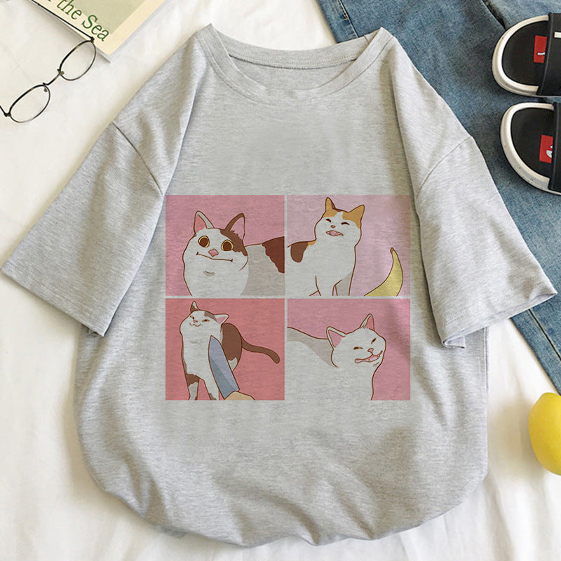 Kawaii Shiba inu perro y gato lindo dibujos animados mujer camiseta Harajuku