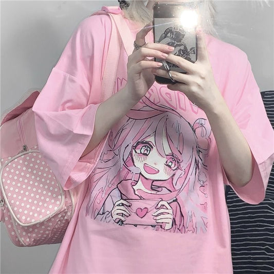 Kawaii camiseta Anime dibujos animados linda chica verano suelta Harajuku ropa femenina Casual