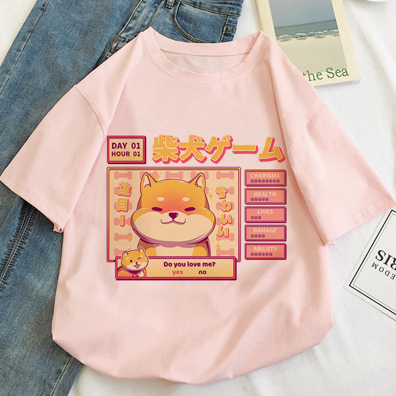 Kawaii Shiba inu perro y gato lindo dibujos animados mujer camiseta Harajuku