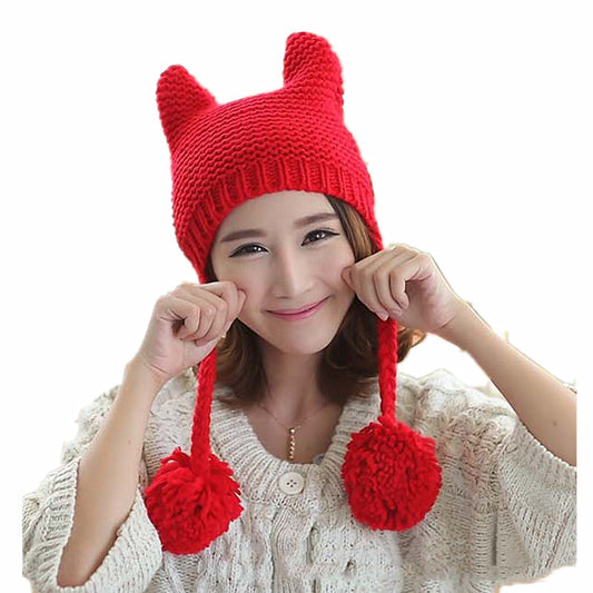 Kawaii Cat Ears Warm Hat Mujer Tejido a mano Diseño lindo