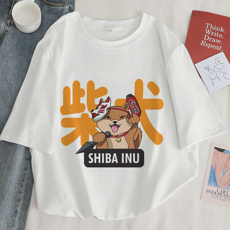 Kawaii Shiba inu Dog and Cat Cute Cartoon Women T-shirt Harajuku